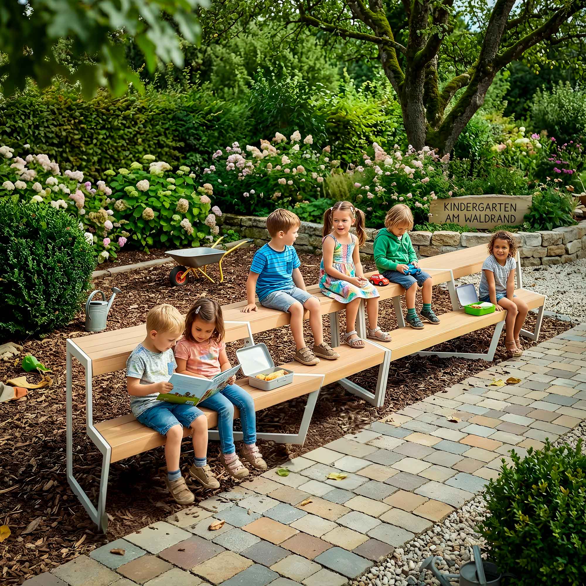 Alu Akazie Sitzgruppe Kindertreff Tisch breit mit Bank