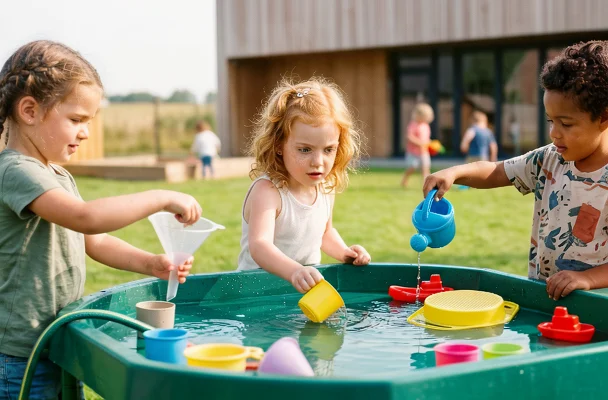 Kinder schöpfen und gießen gemeinsam Wasser am Wassertisch