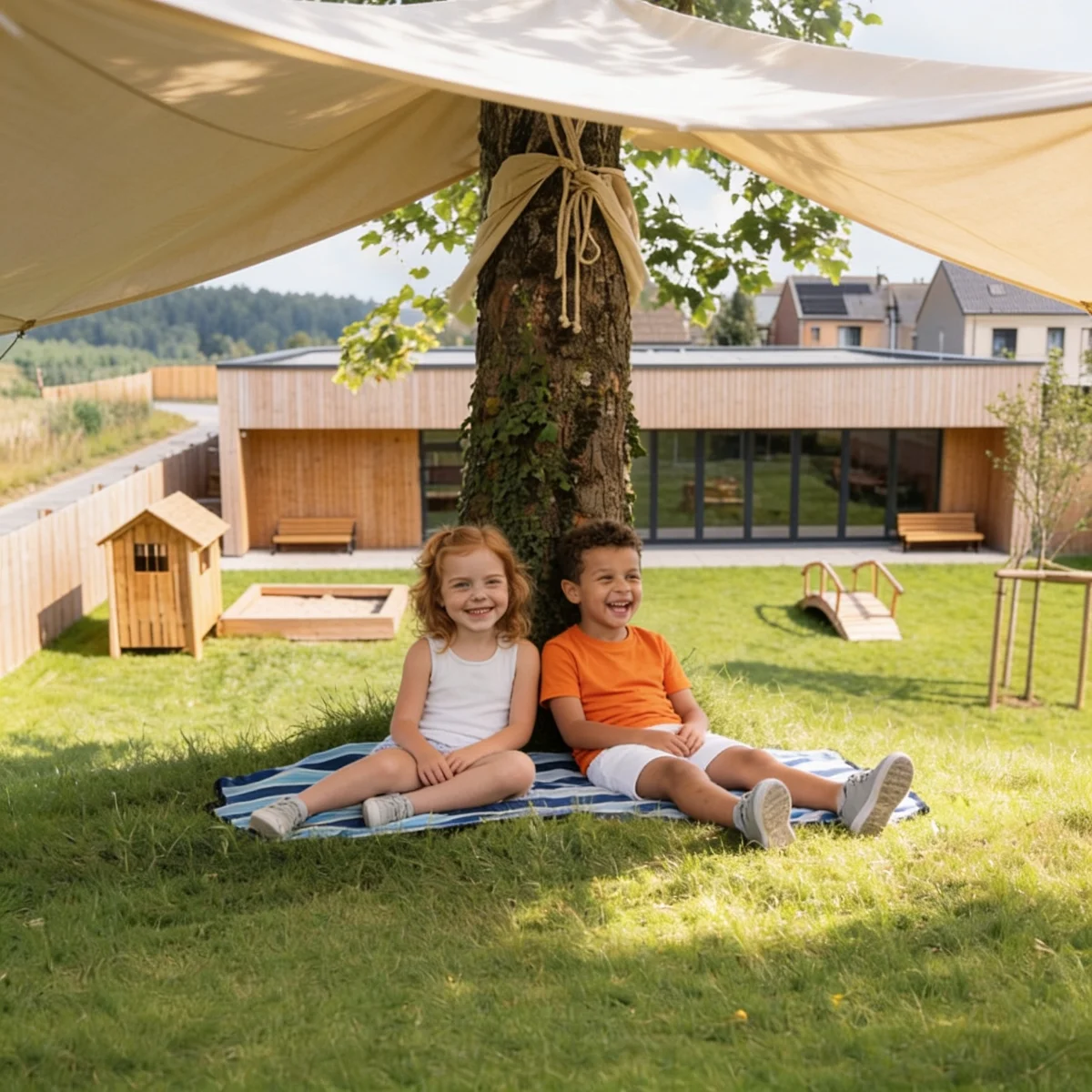 Schattiger Rückzugsort im Kita-Garten, Kinder ruhen unter einem Sonnensegel
