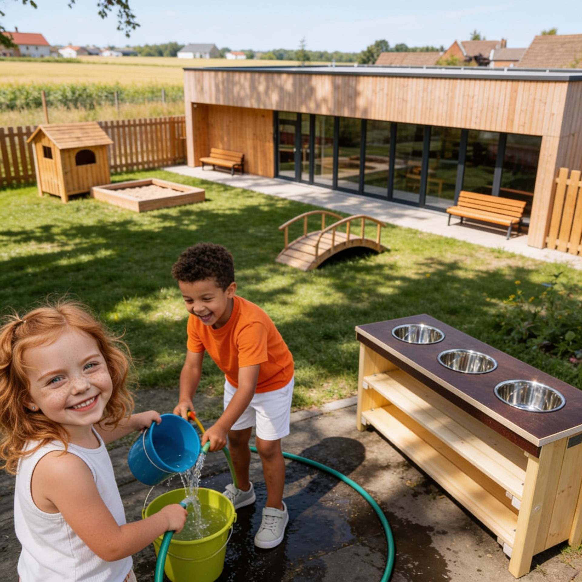 Kita-Kinder spielen fröhlich und entspannt mit Wasser am Matschtisch im Sommer