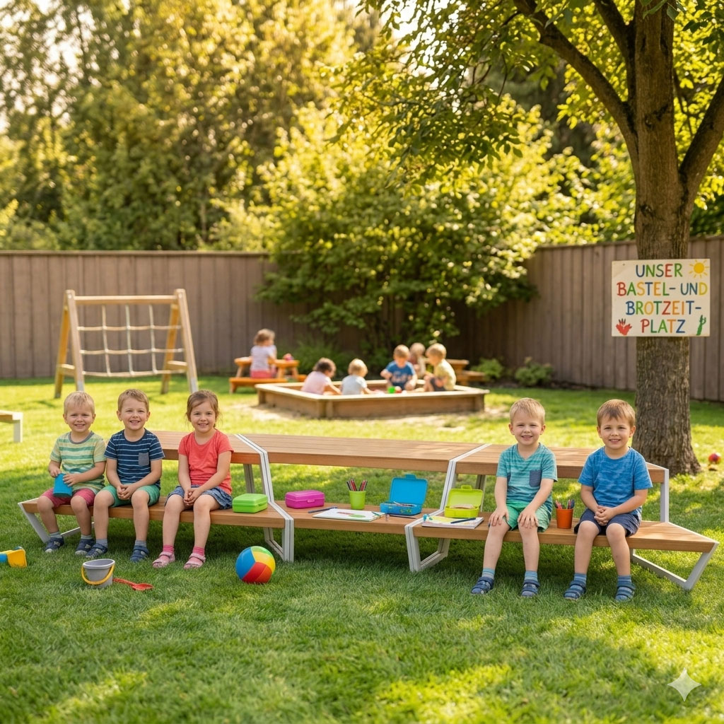 Alu Akazie Sitzgruppe Kindertreff Bank breit mit Tisch
