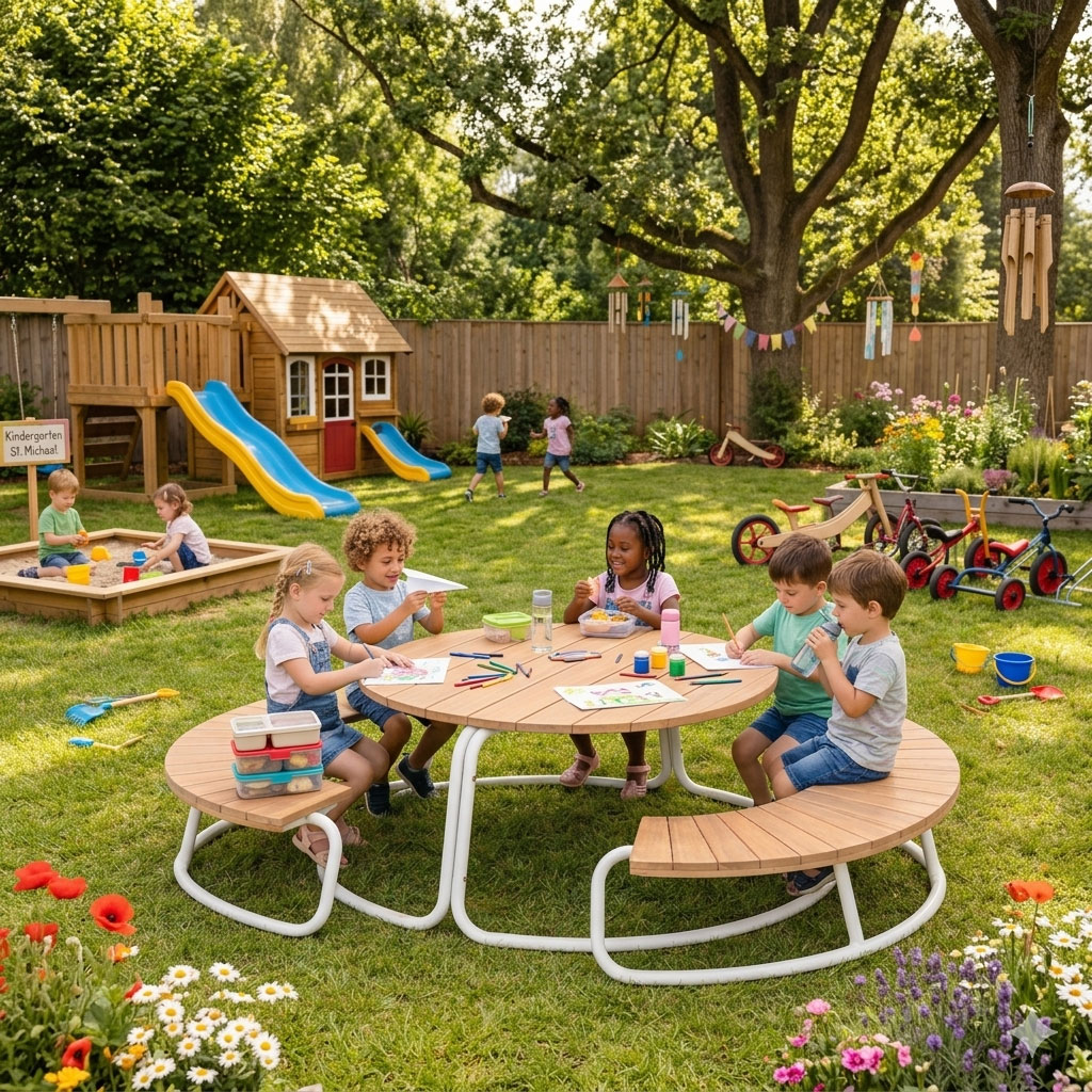 Kiga runde Sitzgruppe Alu Akazie Tisch mit 2 Bänken