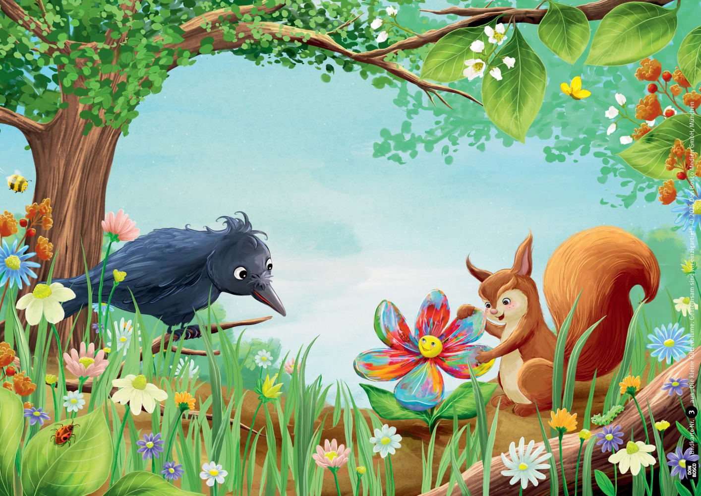 Die kleine Glitzerblume. Gemeinsam sind wir einzigartig! Eine Geschichte mit Rabe und Eichhörnchen. Kamishibai Bildkartenset