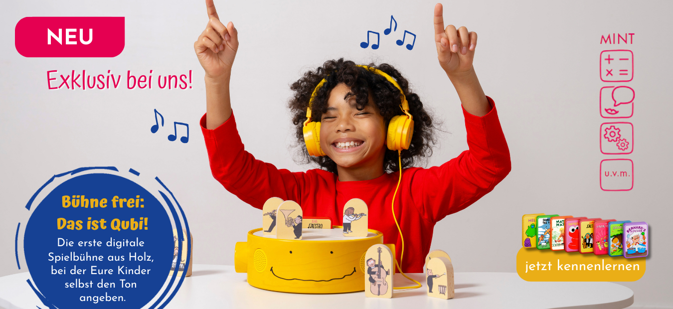 Bühne frei: Das ist Qubi! Die erste digitale  Spielbühne aus Holz,  bei der Eure Kinder  selbst den Ton  angeben.
