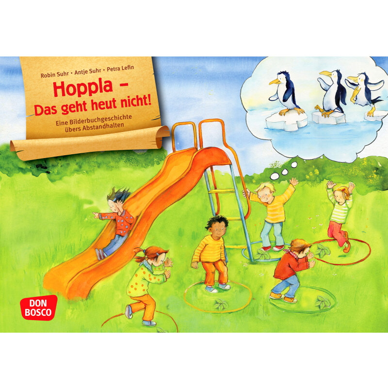 Kamishibai Karten Hoppla - Das geht heut nicht! Eine Bilderbuchgeschichte übers Abstand halten.