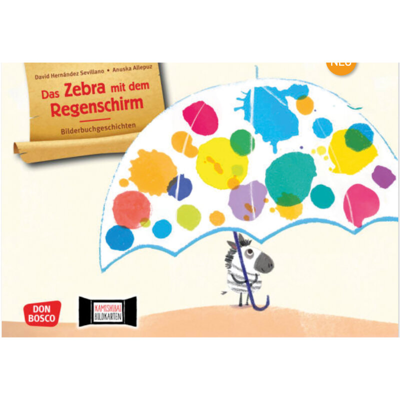 Kamishibai Karten. Das Zebra mit dem Schirm.