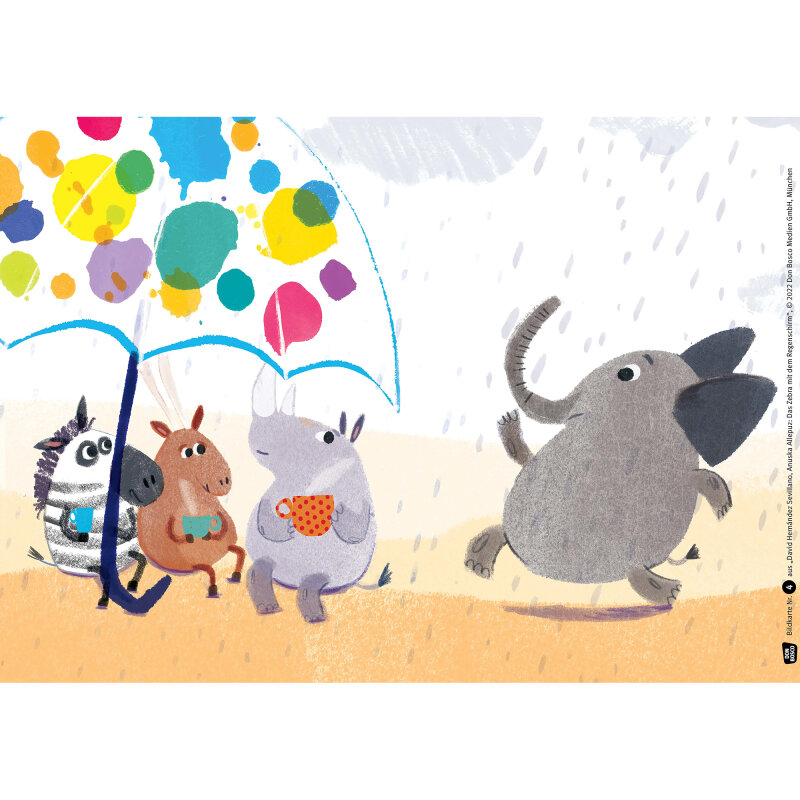 Kamishibai Karten. Das Zebra mit dem Schirm.
