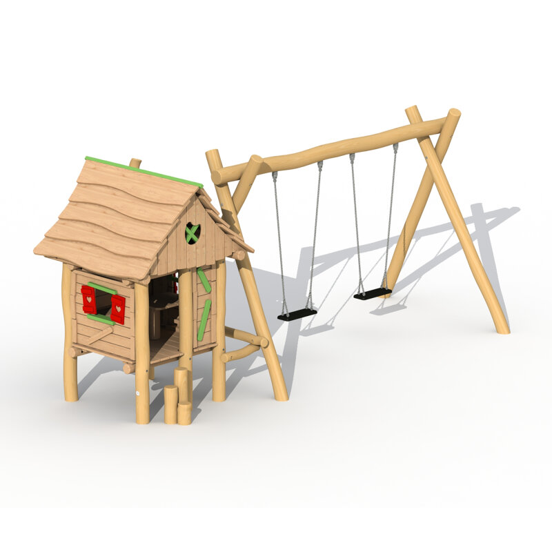 Robinie Holzfällerhütte mit kleiner Schaukel