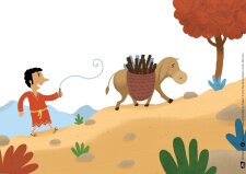 Der Esel Milan auf dem Weg zur Krippe. Kamishibai...