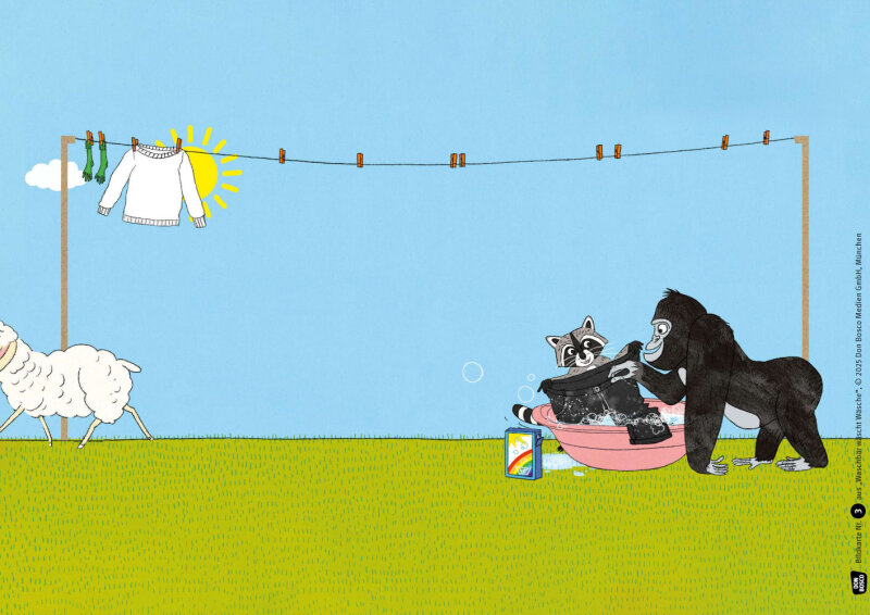 Waschbär wäscht Wäsche. Kamishibai Bildkartenset