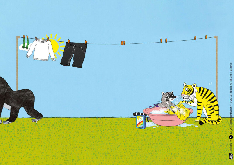 Waschbär wäscht Wäsche. Kamishibai Bildkartenset